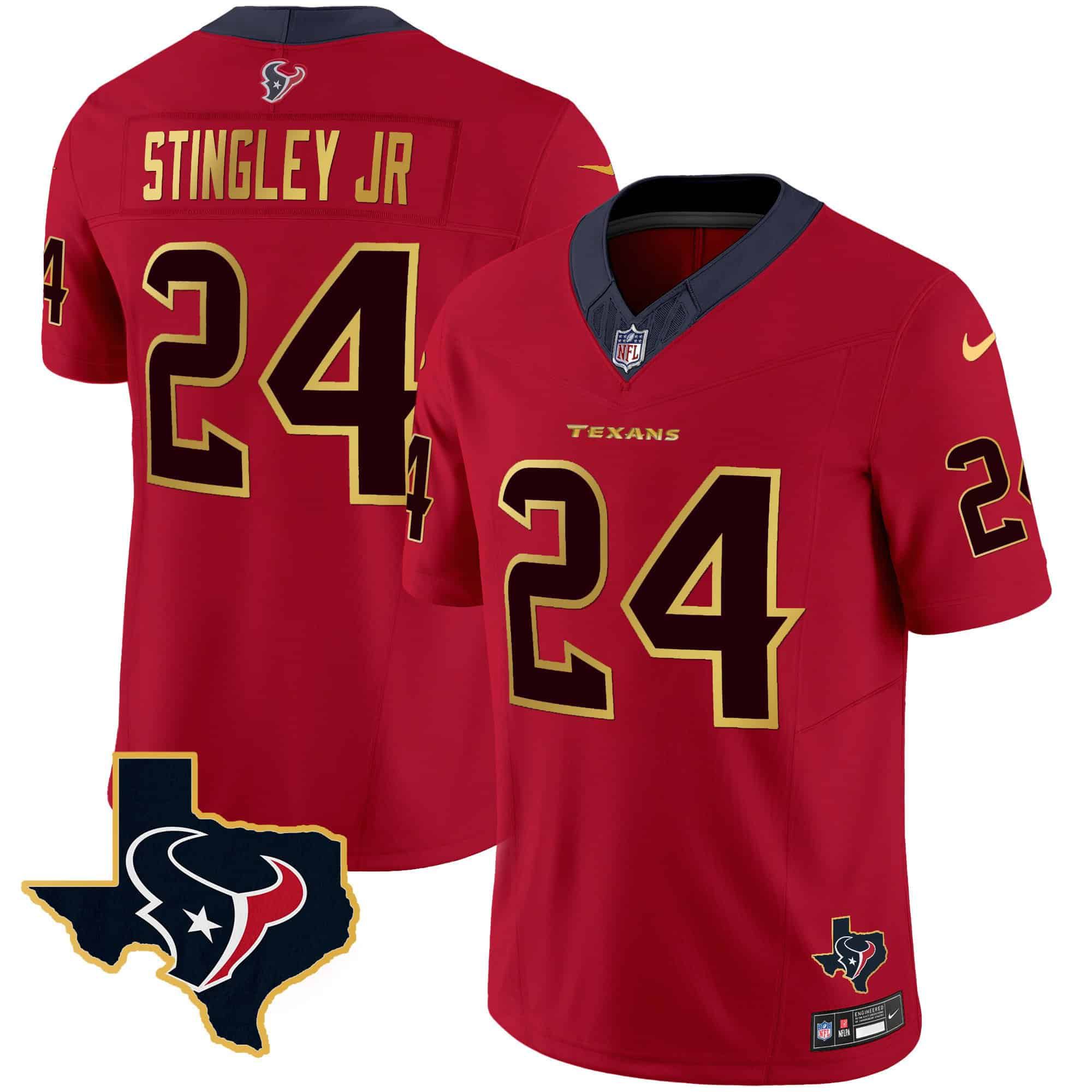 Men Houston Texans #24 Stingley jr Red Gold 2024 Nike Trim Vapor NFL Jersey